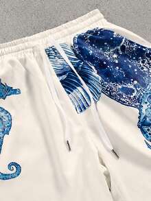 SHEIN 女款夏季極簡度假風長褲，海洋魚類、海龜、貝殼元素圖案，波希米亞度假風 - 彩色 - 查看 4