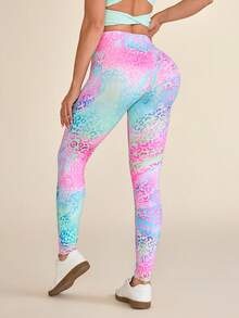 SHEIN Core Rhythm High Waist Ombre Leopard Print Digital Leggings With Phone Pocket, For Sports & Outdoor Exercise, Autumn/Winter - Multicolor - View 3