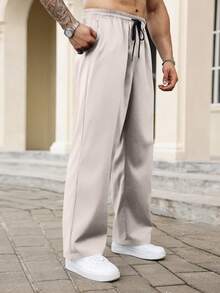 Manfinity Homme Plus Size Men's Letter Print Denim Drawstring Waist Pocket Loose Casual Pants - Apricot - View 4