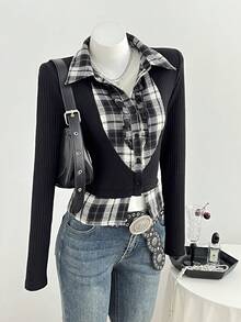 Elamini Women's Autumn Casual 2 In 1 Plaid Patchwork Long Sleeve Slim Fit Shirt - Black - View 5