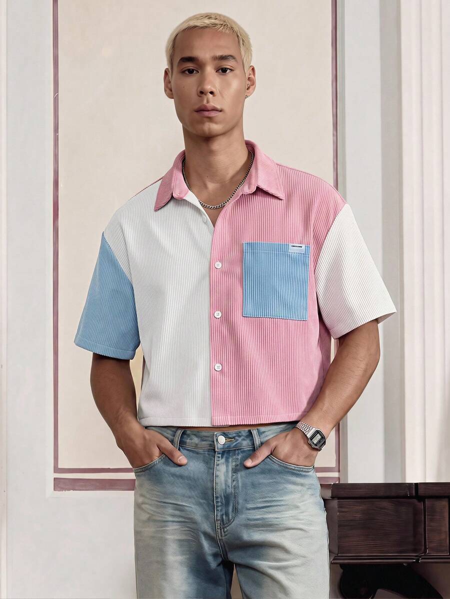 SWAVVY Camisa de manga corta de pana con patchwork para hombre, primavera/verano - Rosa - Ver 1