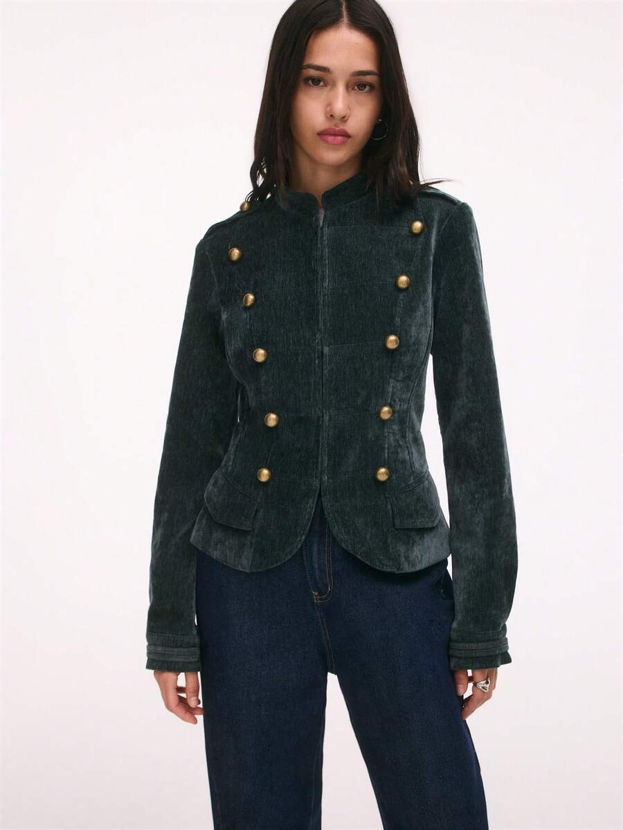 Nöista Dark Green Velvet Military Jacket With Mandarin Collar, Brass Buttons And Long Sleeves. Fall, Winter, Office,Autumn,Layering, Warm,Everyday,Napoleonic - Dark Green - View 1