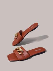 Styleloop 女款扣飾平底拖鞋，波希米亞度假風，沙灘鞋，夏季旅行必備 - 棕色 - 查看 2