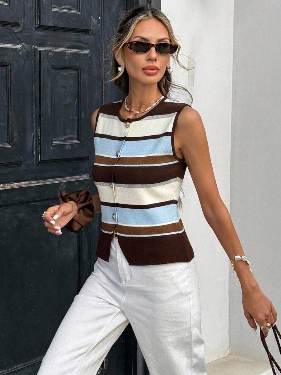 Serisse Women's Casual Vintage American Preppy Style Sleeveless Knit Vest With Brown Striped. Autumn Outfit For Women, Going Out School Brunch Tops