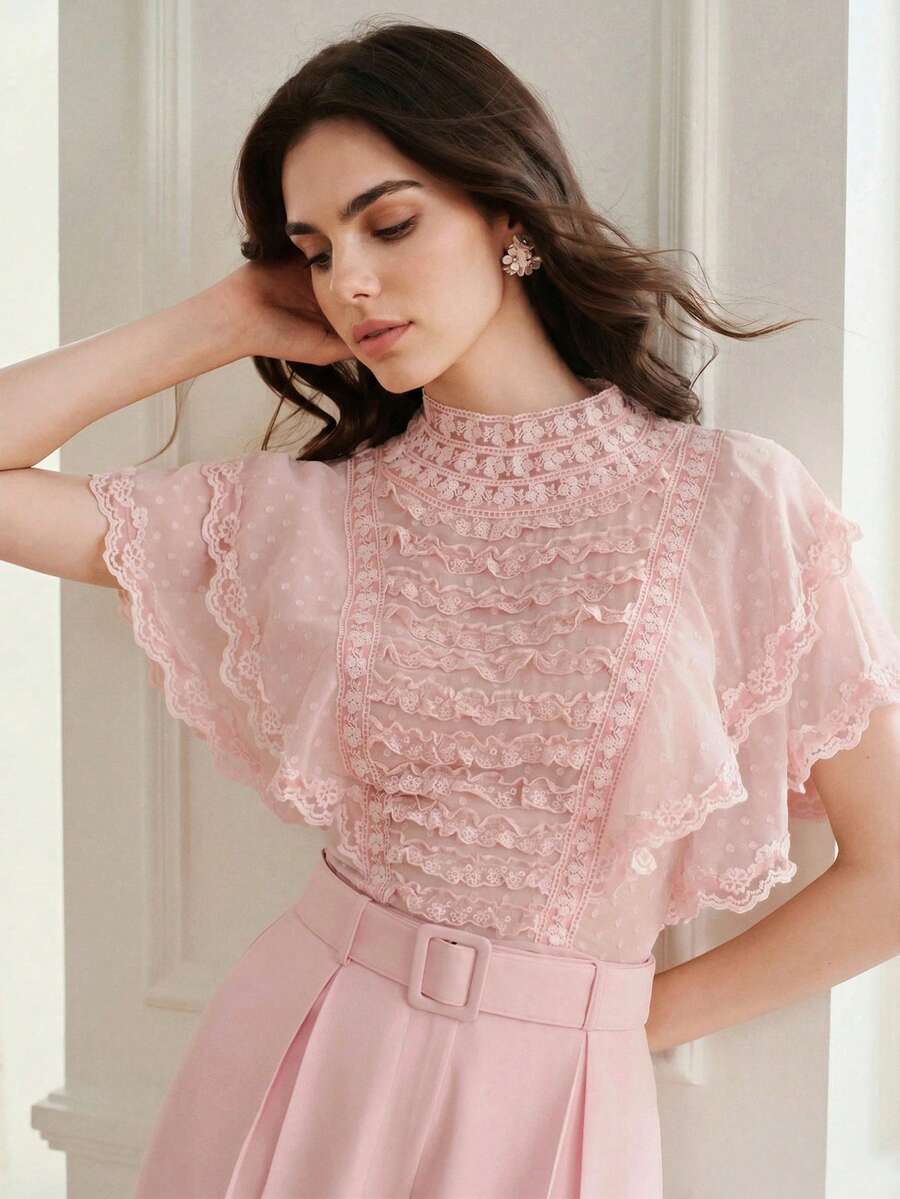 Anewsta Elegant Fashion Cut-Out Chiffon Fabric Contrast Lace Trim Ruffle Short Sleeve Blouse For Women - Pink - View 1
