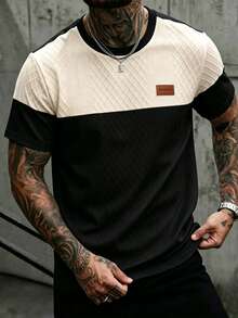 EGENSIO Men's Plus Size Patchwork Colorblock Textured T-Shirt - Black - View 1