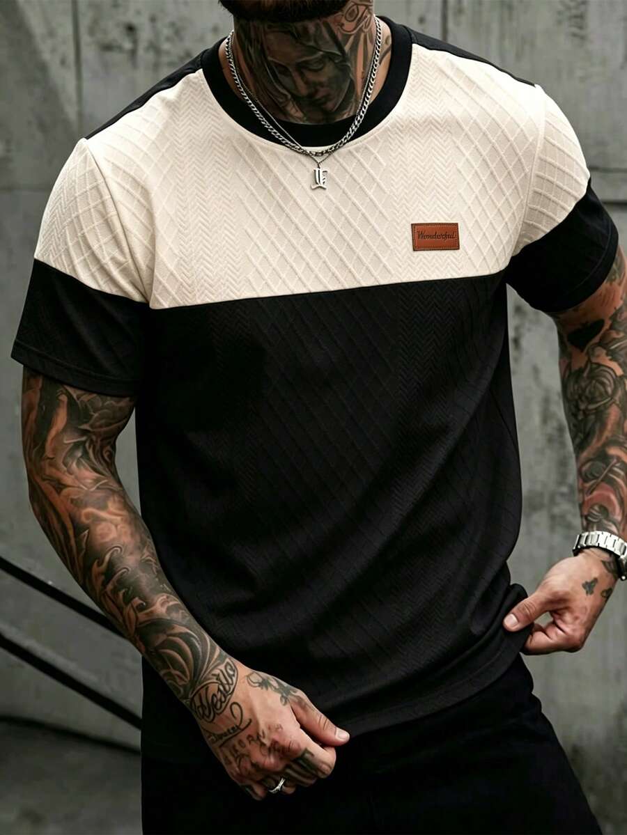 EGENSIO Men's Plus Size Patchwork Colorblock Textured T-Shirt - Black - View 1