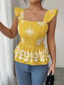 Elenzga Women's Summer New Apricot Base Black Positioned Print Back Bow Tie Waist-Cinching Flutter Sleeve Blouse - Yellow - View 7