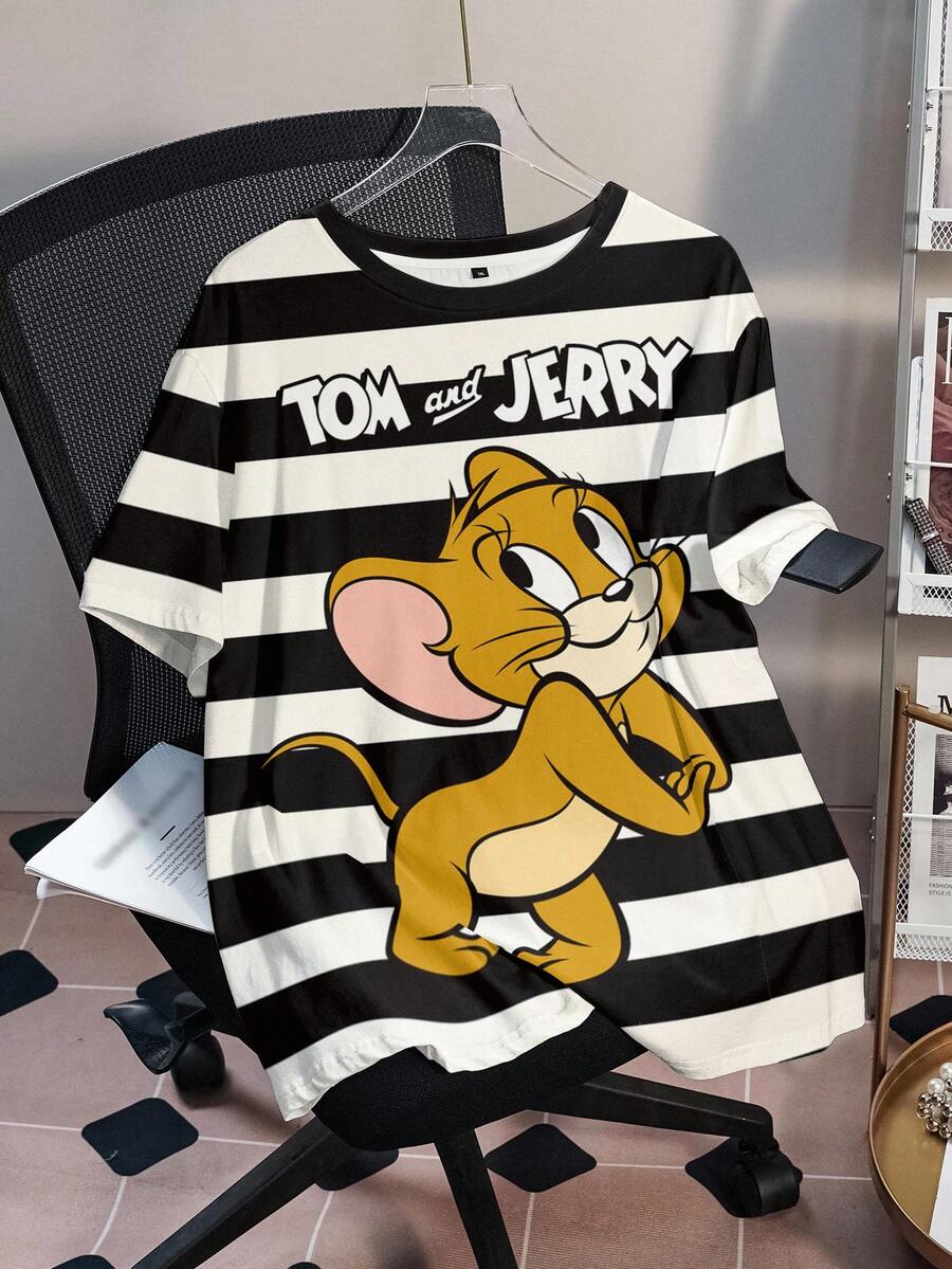 TOM & JERRY X SHEIN 大尺碼女款字母與卡通印花休閒日常短袖T恤 - 白色 - 查看 1