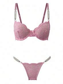 SHEIN 2pcs Women Lace Sexy Lingerie Bra And Panty Set With Padded Cups & Pearl Accents - Pink - View 6
