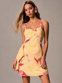 Willow Rêve Women's Yellow Floral Print Spaghetti Strap Dress, Boho Style, Romantic Vacation Style - Multicolor - View 5