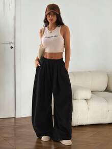 SHEIN PETITE Women's Solid Color Elastic Waist Loose Harem Pants ,Petite Women - Black - View 11