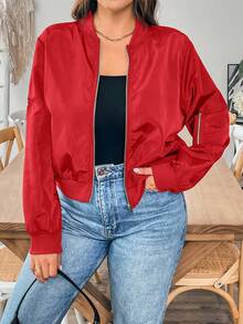 SHEIN Essnce Plus Size Women's Solid Color Long Sleeve Zip-Up Casual Baseball Jacket Fall - Red - View 1