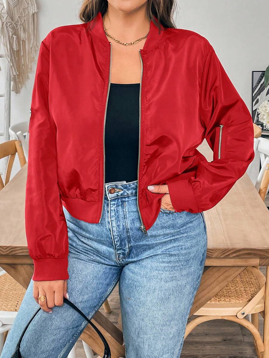 SHEIN Essnce Plus Size Women's Solid Color Long Sleeve Zip-Up Casual Baseball Jacket Fall - Red - View 1