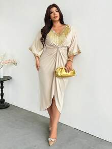 Firerie Plus Size Fashion Sequin Tassel Decor Twisted Knot Dress Elegant Wedding Guest Dress For Women Elegant Going Out Dress For Women Elegant Party Dress - Apricot - View 8