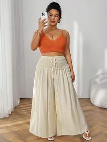 SHEIN PETITE CURVE 大尺碼小個女款優雅寬鬆寬腿長褲，高腰休閒度假沙灘日常通勤教師褲 - 彩色 - 查看 7