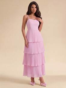 SHEIN Glamour Damen Maxikleid, mehrlagiger Stufenrock, plissierter langer Rock, rosa trägerloses Kleid, Urlaub, Party, Hochzeit und andere Bankett charmantes Kleid - Pink - Übersicht 6