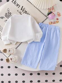 SHEIN Vintaside Kids 嬰兒女童秋冬針織圓領T恤套裝，小狗毛巾刺繡、針織滾邊、蝴蝶結、格紋印花長褲，運動時尚兩件套 - 藍色 - 查看 2