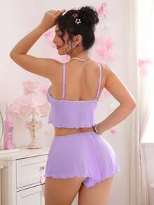 PetitDoll 2pcs Women's Lingerie Set With Floral Water-Soluble Embroidery And Sheer Mesh - Mauve Purple - View 2