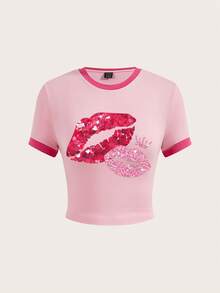 Sweetina PINK 女款休閒極簡唇印圖案撞色領口與袖口修身短袖短版 T-shirt，夏季套頭上衣 - 粉色 - 查看 4