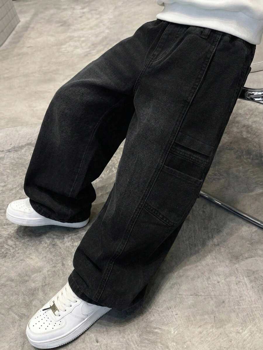 男童水洗做舊基本款黑色牛仔寬鬆工裝褲,秋冬款,男孩返校服裝,萬聖節穿搭,幼兒牛仔褲,校服 - 黑色 - 查看 1