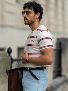 YOUESAWY YOUESAWY Men's Casual Red Striped Pattern T-Shirt, Suitable For Summer, School, Outing, Friend Gift - Apricot - View 4