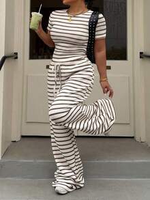 Muchica Conjunto de 2 piezas con top de manga corta a rayas & pantalones largos talla grande - Blanco y Negro - Ver 6