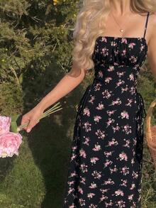 Skyraze Women Bowknot Strap Floral Print Long Dress For Summer,Graduation Dress,Modest Dresses For Women - Black - View 1