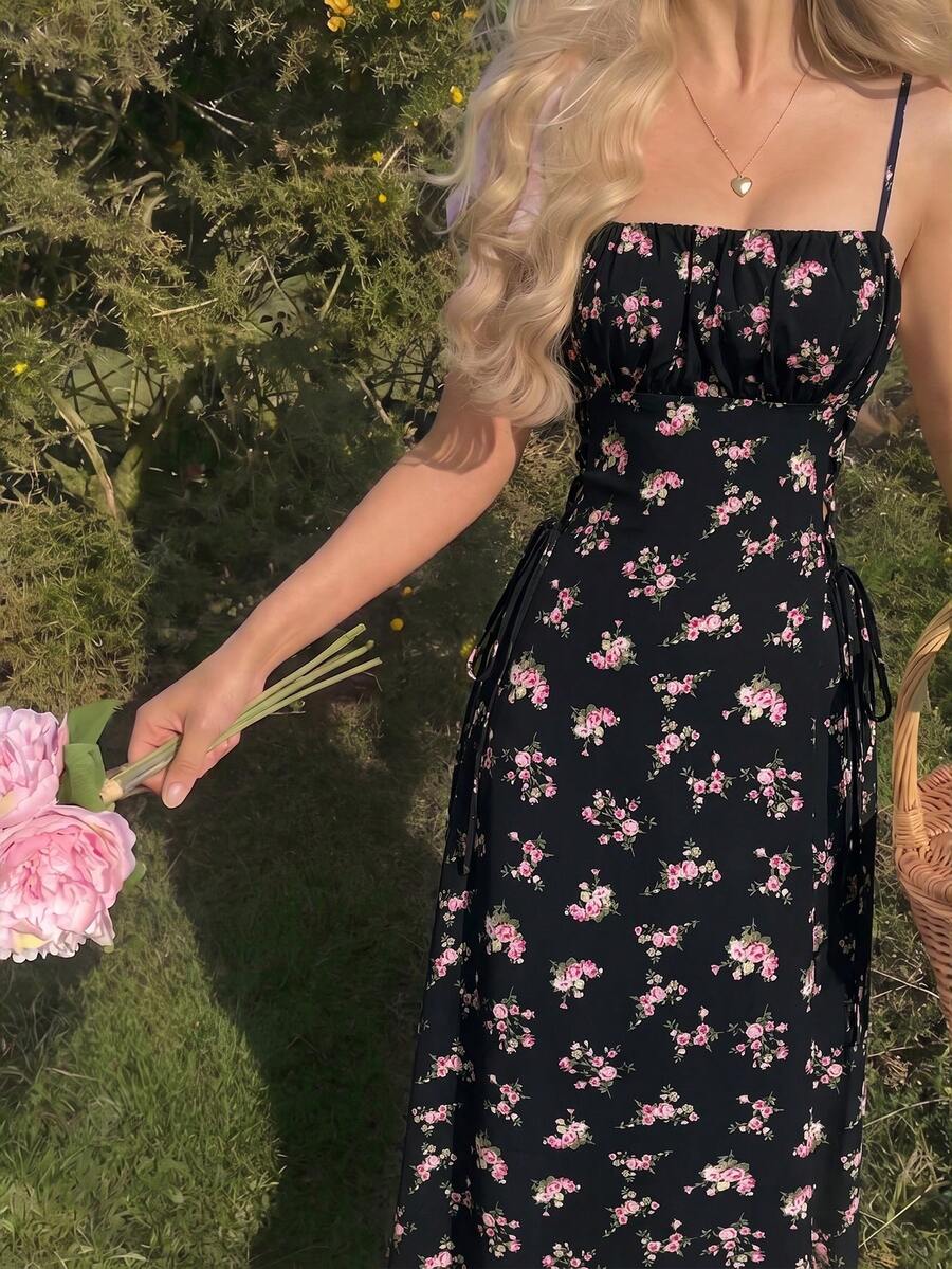 Skyraze Women Bowknot Strap Floral Print Long Dress For Summer,Graduation Dress,Modest Dresses For Women - Black - View 1