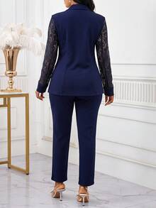 SHEIN Lady 四季海軍藍女式西裝套裝 蕾絲拼接套裝 夏季商務辦公 典雅休閒 - 藏蓝色 - 查看 5