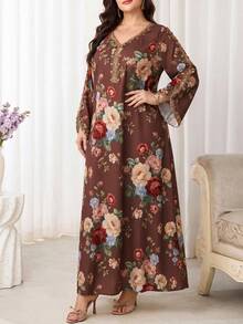 Al Najma 大尺碼女款花卉圖案貼花裝飾長袖阿拉伯風洋裝 - 棕色 - 查看 6