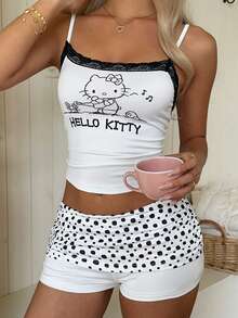 CovetEZ HELLO KITTY AND FRIENDS | SHEIN 2件組 女款蕾絲背心上衣與抓皺短褲，適合夏季 - 彩色 - 查看 4