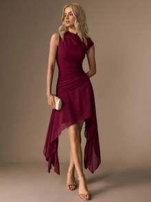 CielaLinda Women's Burgundy Ruched Sleeveless Mini Dress, Asymmetric Hem Elegant Mature Maturity Wedding Dinner Cocktail Summer - Burgundy - View 4