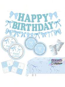 Light Blue Bowknot Birthday Party Decorations Set, Disposable Tableware Kit With Tablecloth Banner Paper Plates Napkins Paper Cups Party Supplies - Multicolor - View 1
