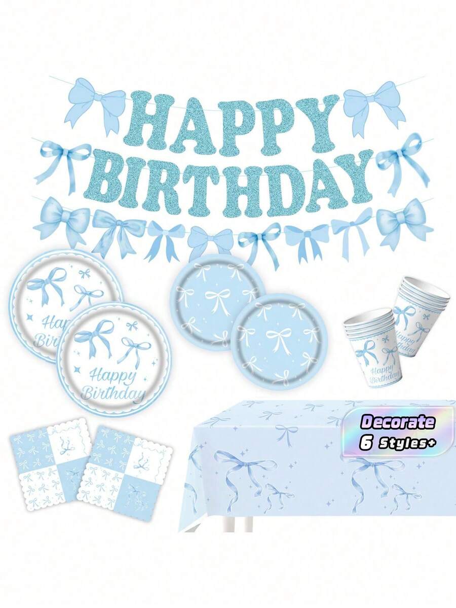 Light Blue Bowknot Birthday Party Decorations Set, Disposable Tableware Kit With Tablecloth Banner Paper Plates Napkins Paper Cups Party Supplies - Multicolor - View 1