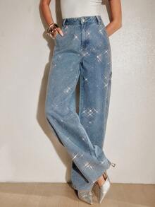 Anewsta Heavy Rhinestone Embellished Washed Light Blue Denim Jeans Going Out Night Club Club Night Night Out Fall Casual 90s Themed 80's Streetwear - Blue - View 5