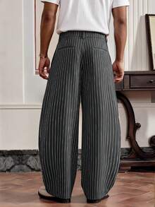 SWAVVY Men's Fashion Commuter Striped Curved Leg Pants - Grey - View 4