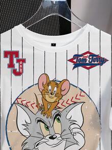 TOM & JERRY X SHEIN Women's Striped Cartoon Print Crew Neck Short Sleeve Casual T-Shirt - White - View 3