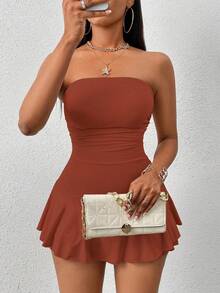 VaVaBold Women's Summer Solid Color Ruched Ruched Hem Jumpsuit - Brown - View 4