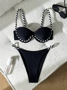 Swim Chiccia 女款棕色編織肩帶鋼圈性感沙灘比基尼泳衣，適合夏季度假 - 黑色 - 查看 3