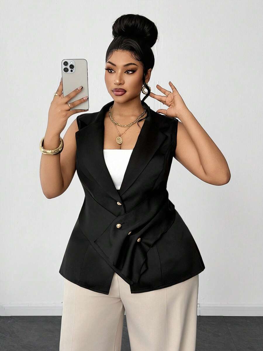 Maweii Gilet blazer casual da donna taglie forti, tinta unita, monopetto, plissettato, da pendolarismo - nero - Visualizzare 1