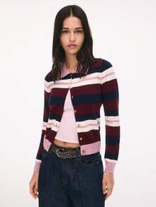 Nöista Striped Knit Cardigan With Collar And Button Front. Fall, Back To School And Everyday Style. - Burgundy - View 1