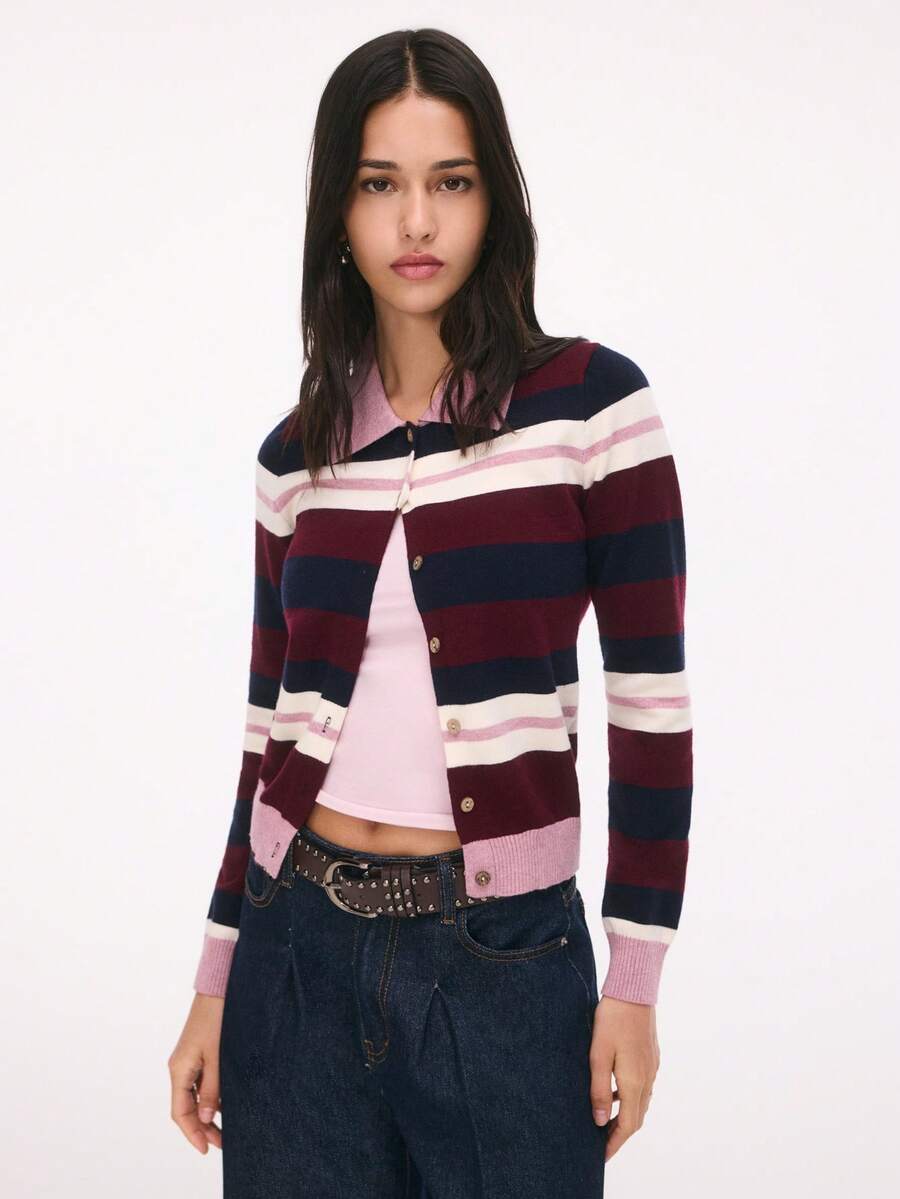 Nöista Striped Knit Cardigan With Collar And Button Front. Fall, Back To School And Everyday Style. - Burgundy - View 1