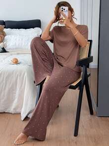 DAZY Women's Solid Color Round Neck Short Sleeve T-Shirt And Polka Dot Print Long Pants Pajama Set - Coffee Brown - View 6