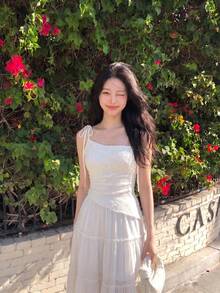 SHEIN MOD White Summer Elegant Lace Asymmetric Hem Camisole,Women's Tie Strap Sleeveless Corset Style Top,Boho Chic Date Night Wedding Guest Party Cami Blouse - Apricot - View 2