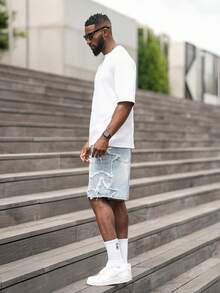 thenoahjr thenoahjr Men's American Hip Hop Street Fashion Star Patch Distressed Loose Wide Leg Pants - Light Wash - View 7