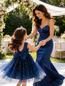 SHEIN Vestido formal sin mangas azul marino para niñas con satén premium, tul suave y lentejuelas brillantes, lazo desmontable en la espalda, adecuado para fiesta de cumpleaños, banquete del primer cumpleaños, boda, fiesta de noche, evento de alta gama para padres e hijos, foto familiar, reunión familiar, celebración de vacaciones, baile de graduación y otras ocasiones importantes, vestido de verano - Azul - Ver 2
