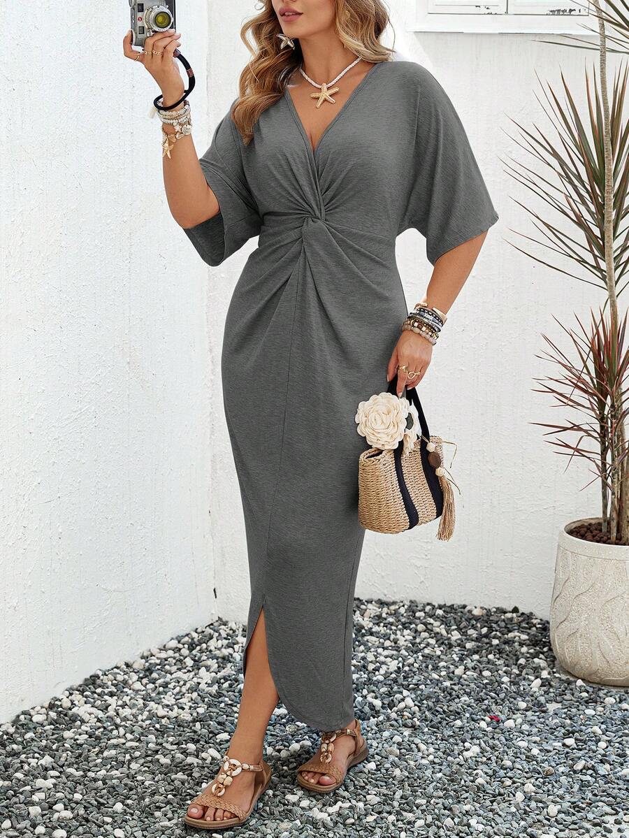 SHEIN LUNE Plus Size Women Solid Color Twisted Waist Mid-Sleeve Knit Bodycon Dress Vacation Evening Gray Summer Elegant - Dark Grey - View 1