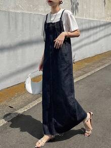 FRIFUL Gaun Terusan Denim Longgar Kasual dengan Desain Kancing untuk Wanita - Biru - View 4