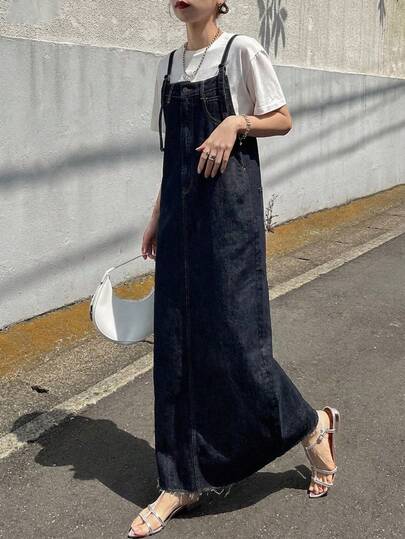 FRIFUL Women's Button Design Casual Loose Denim Pinafore Dress Sun Dresses For Women